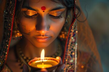 Beautiful indian woman wearing traditional gold jewelry and clothes holding a burning diya in her hands