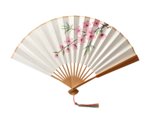 Traditional hand fan with pink blossoms and wooden frame.