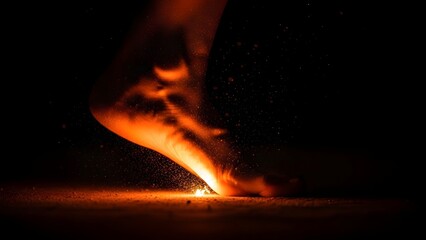 Human foot stepping on glowing fire embers. Pain and heat sensation concept. Bare foot walking on burning surface with orange sparks and light