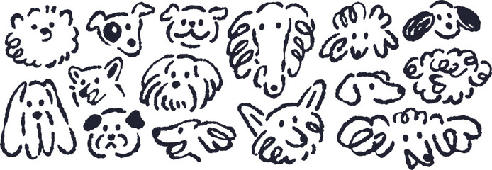 Dogs chalk scribbles set in whimsical sketchy style. Charcoal sketch drawings of funny puppy heads. Cute canine animals, outline hand-drawn line art doodles. Creative handdrawn vector illustrations