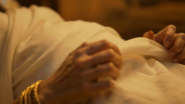 Close-up of a woman clutching a blanket in an emotional moment, expressing vulnerability, comfort, and heartfelt feelings.