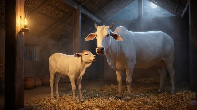 A cow and calf stand calmly inside a traditional barn, reflecting peace, nurturing bonds, and the simplicity of rural life.
