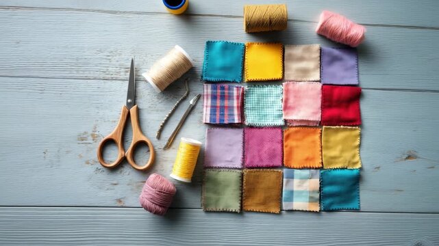Crafting with fabric pieces and thread at a workspace with scissors and tools