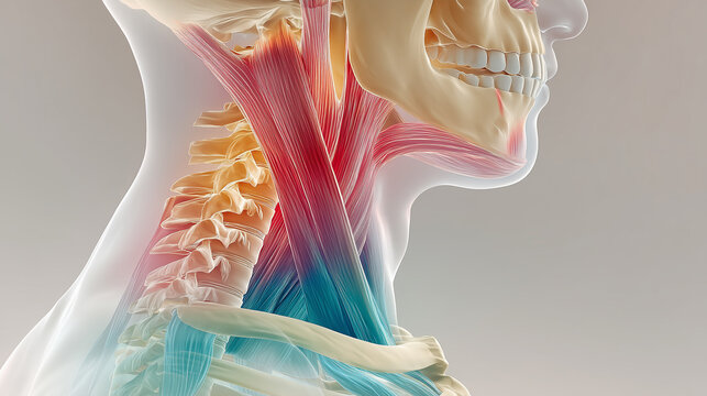3D medical illustration of human neck anatomy showing muscles, spine, and skeletal structure in detail