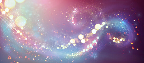 Abstract Christmas background, New Year holiday glowing backdrop, Winter Christmas and New Year glittering snow flakes swirl bokeh background, backdrop with sparkling blue stars, holiday garland