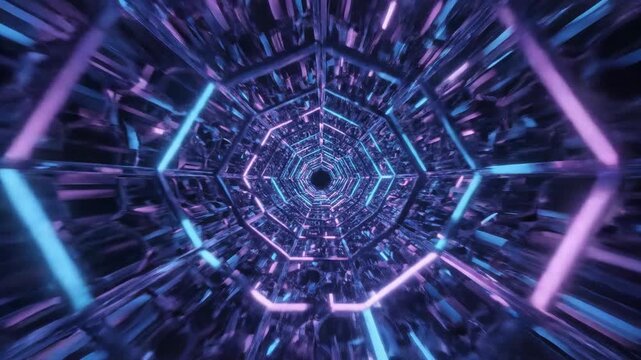 Endless digital tunnel composed of interlocking hexagonal tessellated shapes moving in perfect geometric perspective without interruption corporate, pattern, science