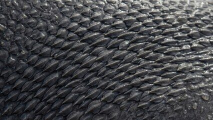 Close Up Of Dark Gray Scaly Texture With Sharp Pointed Scales Reflecting Light In A Pattern