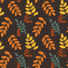 Autumn seamless pattern with rowan berry branch and leaf in hand drawn style on dark background. Image represents fall nature concept and seasonal botanical decoration