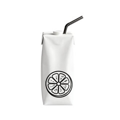 White juice carton with straw and lemon graphic