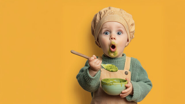 Surprised baby in chef outfit holding bowl of green food with messy face against yellow background