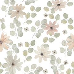 Watercolor seamless pattern with eucalyptus branches and flowers . Hand drawn illustration on white background