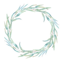 Christmas wreath. Watercolor frame with  eucalyptus  branches on white background. Hand drawn illustration