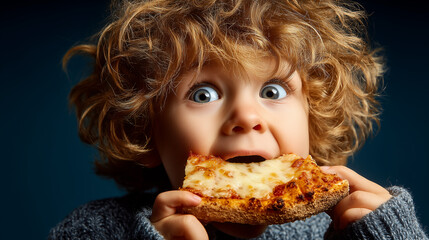 Naklejka premium Excited child with curly hair eating cheesy pizza slice on dark background