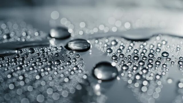 Extreme close up macro shot of fine water droplets condensing and dripping down a smooth cold surface in ultra slow motion mist environment refreshing, commercial, vapor