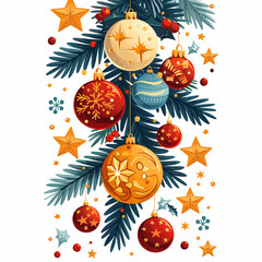 Festive Christmas Baubles and Pine Needles Vector Art with Stars and Snowflakes