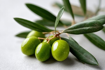 Obraz premium Fresh green olives on branch with leaves