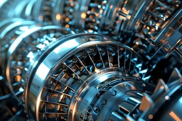 Fototapeta premium Close up view of a futuristic engine rotating, showcasing complex internal mechanics, gears, and advanced technology