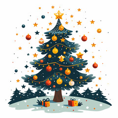 Beautifully Decorated Christmas Tree Vector Illustration with Gifts and Stars