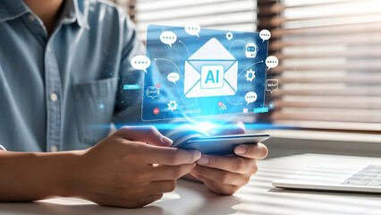 Person using smartphone with AI email interface on screen