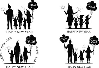 Happy New Year 2026 family celebration, festive silhouette vector illustration, joyful holiday party design, togetherness and fun artwork for seasonal stock