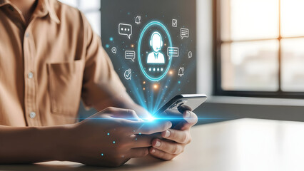 Person interacting with futuristic chatbot interface on smartphone