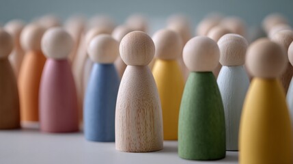 Wooden figures in pastel colors with diverse shapes and sizes