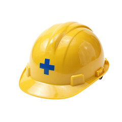 Yellow safety helmet with blue cross.