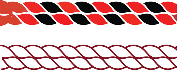 Vector rope illustration featuring red-black twisted spiral and continuous red outline design on white background.