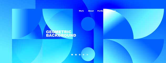 Fototapeta premium Abstract blue geometric background. Circles, rectangles overlap creating modern design. Text reads Geometric Background, plus menu options.