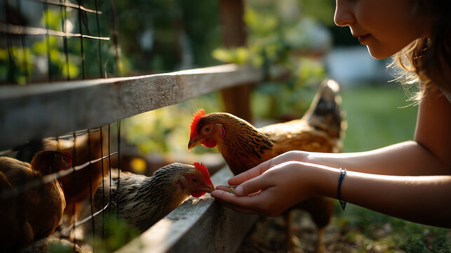 Young girl feeding chickens by hand at a rustic farm during golden hour sunlight