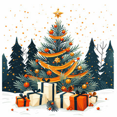 Festive Vector Christmas Tree Decorated with Gifts in Snowy Landscape