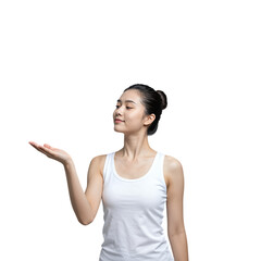 Young Asian woman holding out hand.