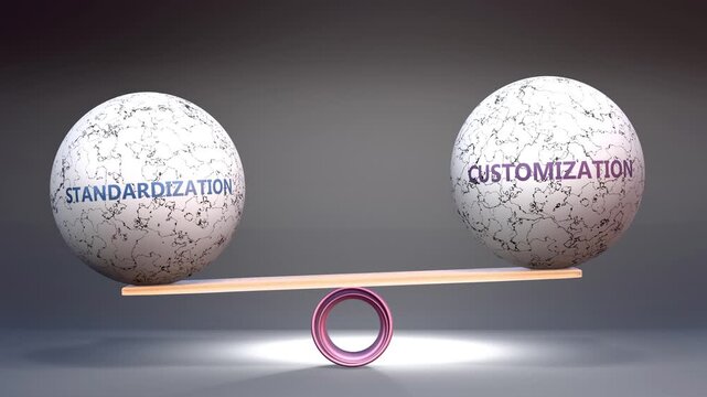 Standardization and customization in balance - balancing stones on a scale symbolizing harmony, equity and equilibrium between standardization and customization. Harmonious and beneficial situation.