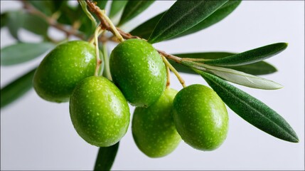 Vibrant green olives on branch with glossy leaves close-up