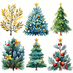 Set of Vector Christmas Trees and Winter Holiday Decorations