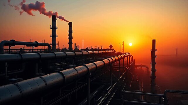 oil refinery at sunset