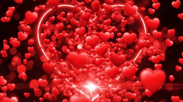 Red hearts exploding in a neon heart shape on dark background