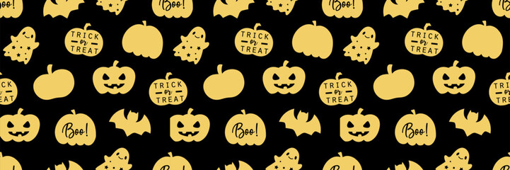 Seamless Halloween pattern with cute pumpkins and spooky bats. Perfect autumn background for festive designs, featuring cartoon ghosts and jack-o-lanterns in orange tones.