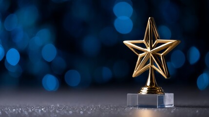 Golden star trophy on glittering background with blue bokeh lights