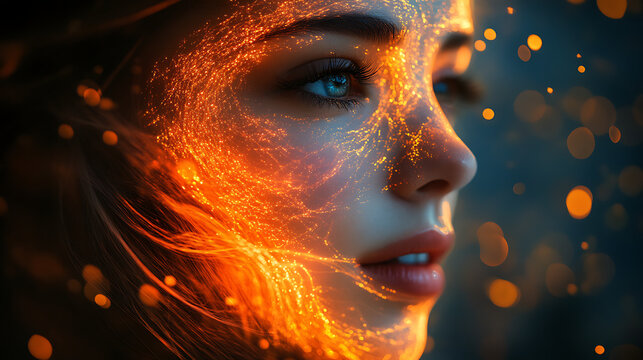 Portrait of woman with radiant energy threads wrapping around her face and shoulders 