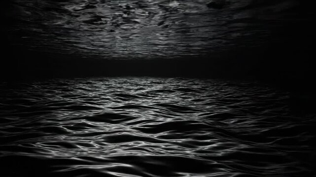 Extreme slow motion descent into a vast dark monochrome liquid abyss creating rippling subsurface texture and infinite depth flowing, Extreme, isolation