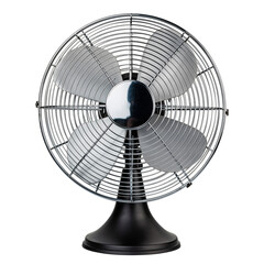 Elegant retro style metallic desk fan with four blades and a sleek black base providing cool air isolated on transparent background