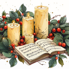 Christmas music vector with candles and holly berries illustration