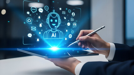 Businessman interacting with AI chatbot on tablet in modern office