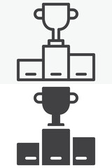 Winner podium trophy line and solid vector icon set