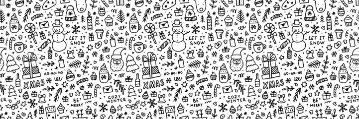 Festive Christmas doodle pattern with hand-drawn gifts, stockings, and wreaths. Seamless winter backdrop featuring whimsical outlines and playful holiday gifts in black and white.