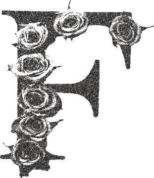 Rose letter F vintage y2k stipple art,rose letter halftone stipple brutalist retro vector png with transparent background, floral 2000s aesthetic photocopy effect tattoo