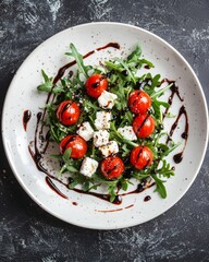 Fresh salad with tomatoes and cheese on a plate arranged in a simple style on a dark background under bright light
