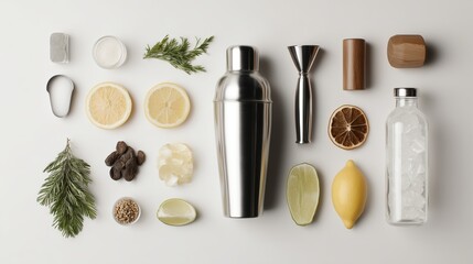 Tools and ingredients for making drinks laid out on a tabletop for preparation
