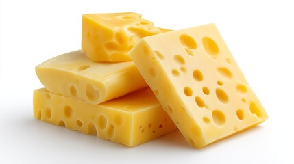A tempting selection of yellow cheese slices stacked together, showcasing their unique textures and delightful holes. The white background enhances their inviting appearance